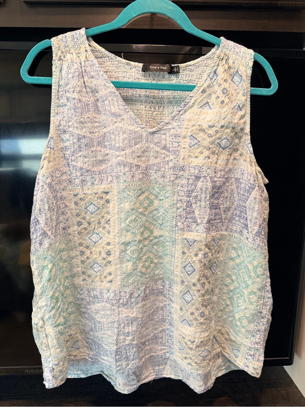 Doe & Rae Patchwork Print Sleeveless V-Neck Blouse in Light Blue and Seafoam